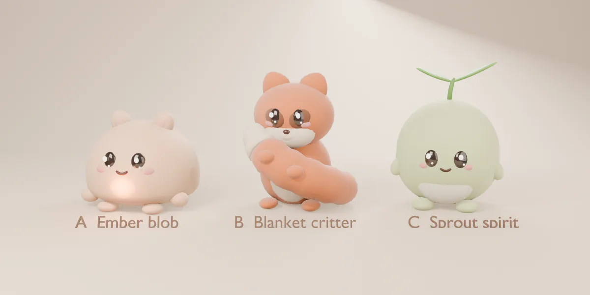 Three early creature designs side by side: a round amber blob, a blanket-wrapped critter and a sprout spirit