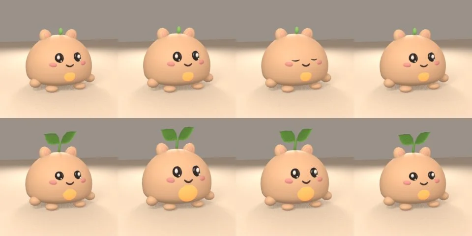 The finished Nuku in eight poses: a soft amber creature with gentle eyes, a glowing chest and a sprout that grows from a bud to two leaves