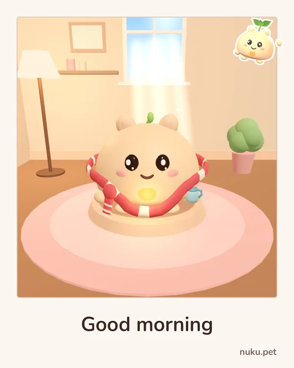 A polaroid from the game: Nuku in its striped scarf in a sunny room, the caption Good morning