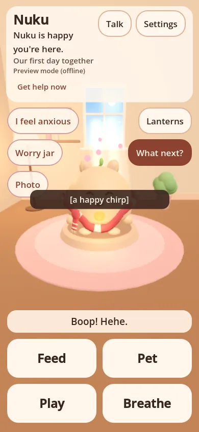 Nuku's home screen with a caption line over the room that reads: a happy chirp. Get help now sits in the header