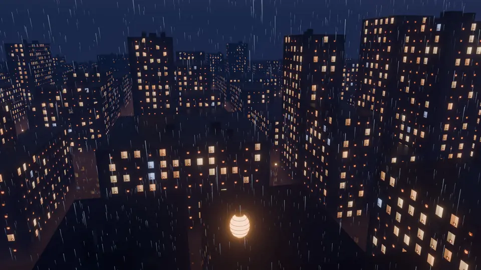 A paper lantern glowing over a rainy night city full of lit windows