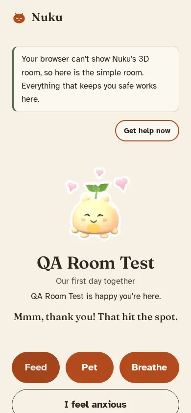 Nuku's simple room on a phone: a picture of Nuku, its name, and big Feed, Pet and Breathe buttons