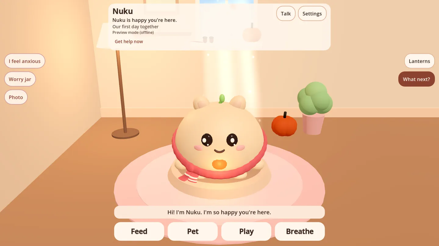 Nuku in a wide desktop window: all of Nuku on its cushion under a centred card, with Feed, Pet, Play and Breathe in one row below