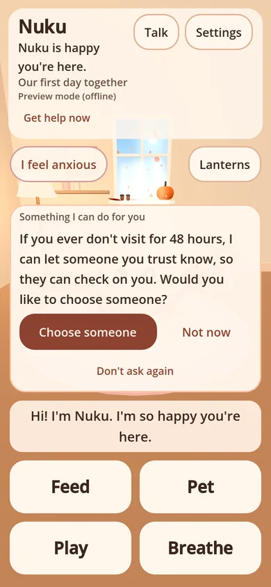 Nuku's home screen on a phone with a card: If you ever don't visit for 48 hours, I can let someone you trust know, so they can check on you. Buttons: Choose someone, Not now, Don't ask again
