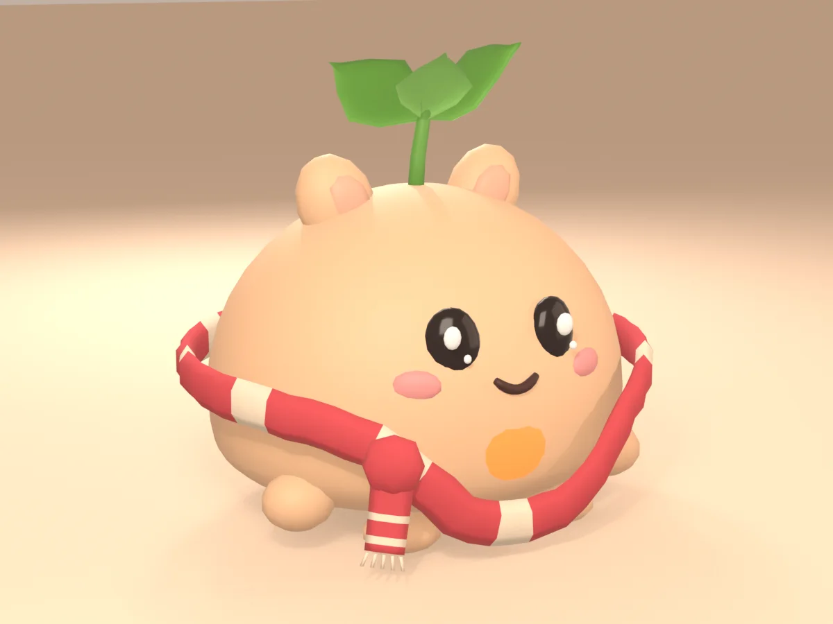 Nuku wearing its new berry-red knitted scarf with cream stripes, tied at one side with a fringed tail