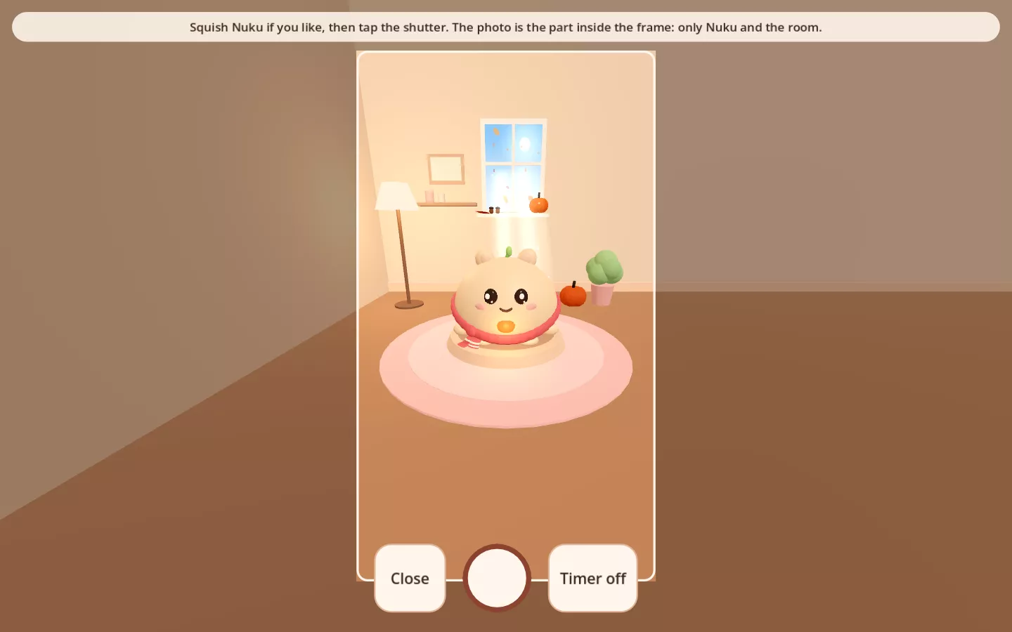 Photo mode in a wide desktop window: Nuku on its cushion inside a tall portrait frame, the room outside the frame dimmed, with Close, the shutter and Timer off below