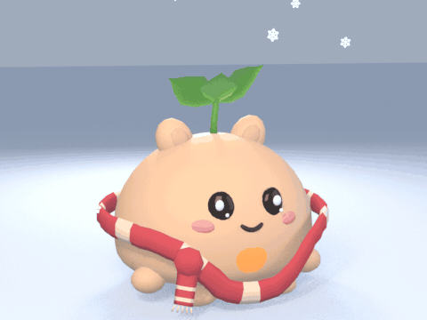 A short loop of tiny snowflakes drifting down past Nuku while it breathes softly