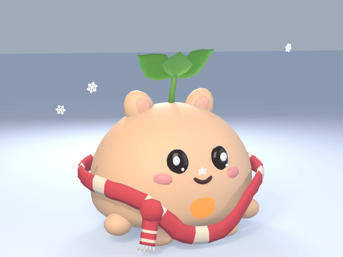Nuku in its berry-red scarf, looking pleased, with a tiny white snowflake resting on its nose and a few more drifting down around it