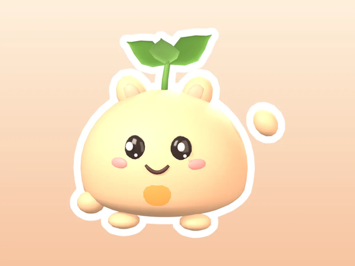 Nuku waving hello with one little paw, its green sprout up, on a warm peach background
