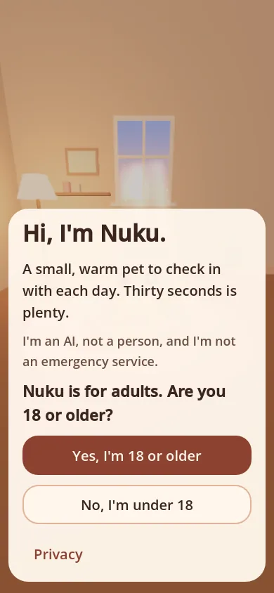 The first screen at nuku.pet: Nuku's room behind a welcome card that says Nuku is an AI, not a person or an emergency service, and asks if you are 18 or older