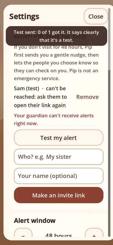 Nuku's Settings right after Test my alert, using a test guardian whose browser can't be reached: it says 0 of 1 got it, and asks you to have them open their link again