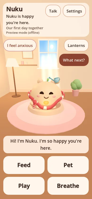 Nuku in its room in the morning, watering the sprout on its head with a tiny watering can