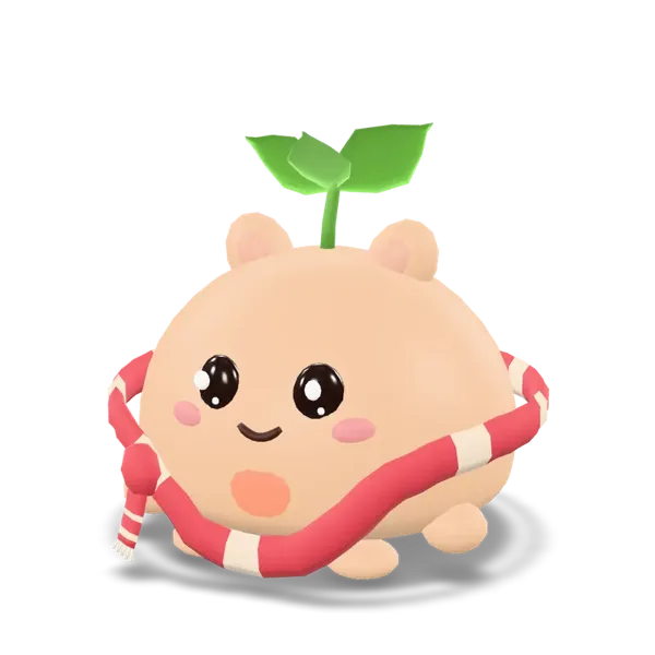 Nuku in its berry-red striped scarf, a sprout on its head, sitting and smiling