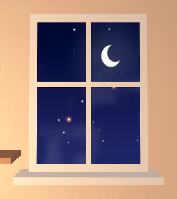 A preview of Nuku's night window with a crescent moon and twelve small warm stars among the painted ones