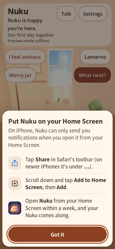 A card over Nuku's room: Put Nuku on your Home Screen. Three steps: tap Share in Safari, tap Add to Home Screen, open Nuku from your Home Screen