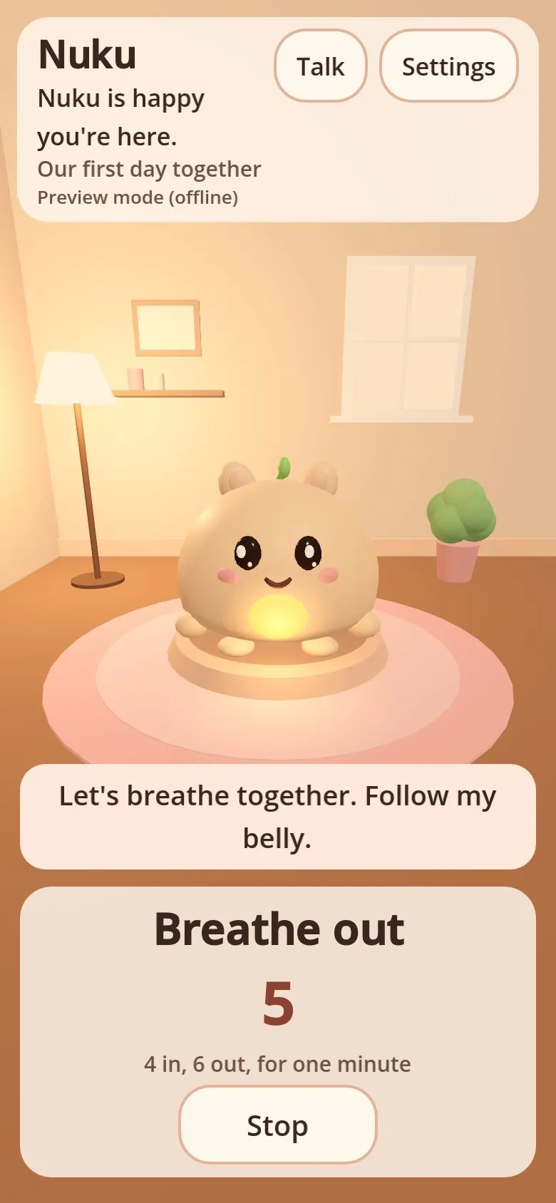 Breathing with Nuku in the game: Nuku says Let's breathe together, follow my belly, over a panel reading Breathe out, 5, 4 in, 6 out, for one minute